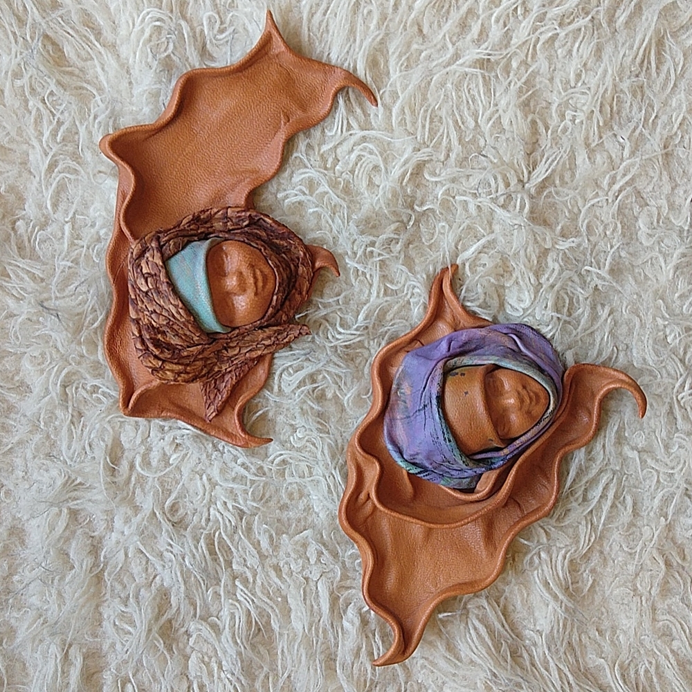 2 Vintage Leather Face Sculptures Small Baby Mother Wall Art Hangings Signed